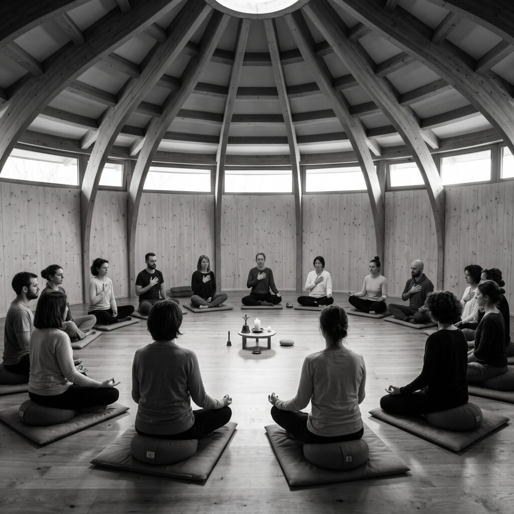 Un gruppo seduto in cerchio su cuscini da meditazione, con una mano sul cuore, in una sala di legno